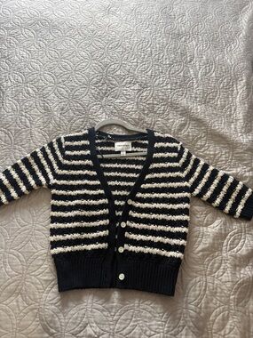 Black & Cream Striped V-Neck Cardigan Sweater